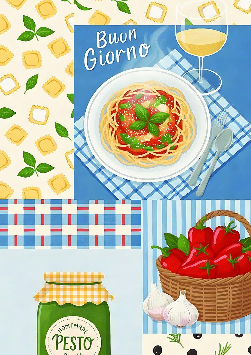 Artwork depicting a vibrant Italian cuisine scene with pasta, pesto, and fresh ingredients.