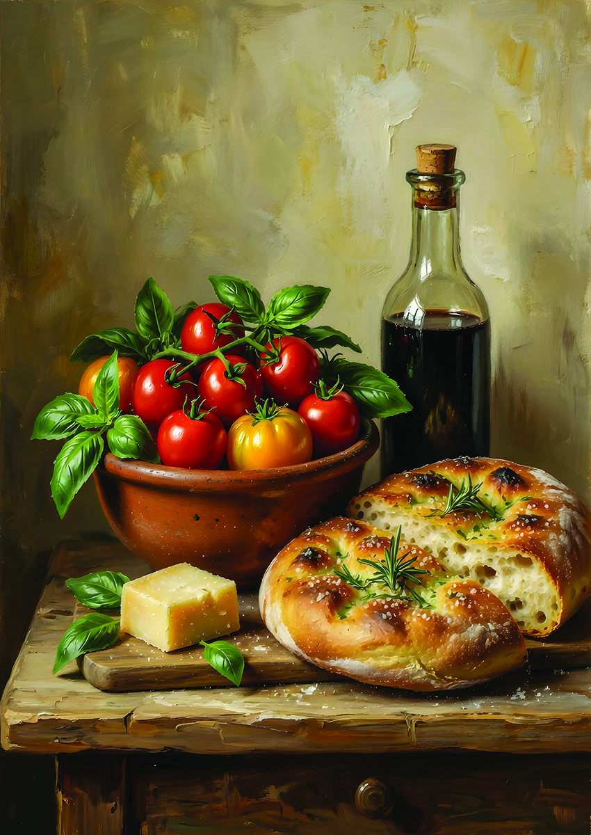 Artistic still life of vibrant tomatoes with fresh bread and olive oil bottle on a rustic wooden table.