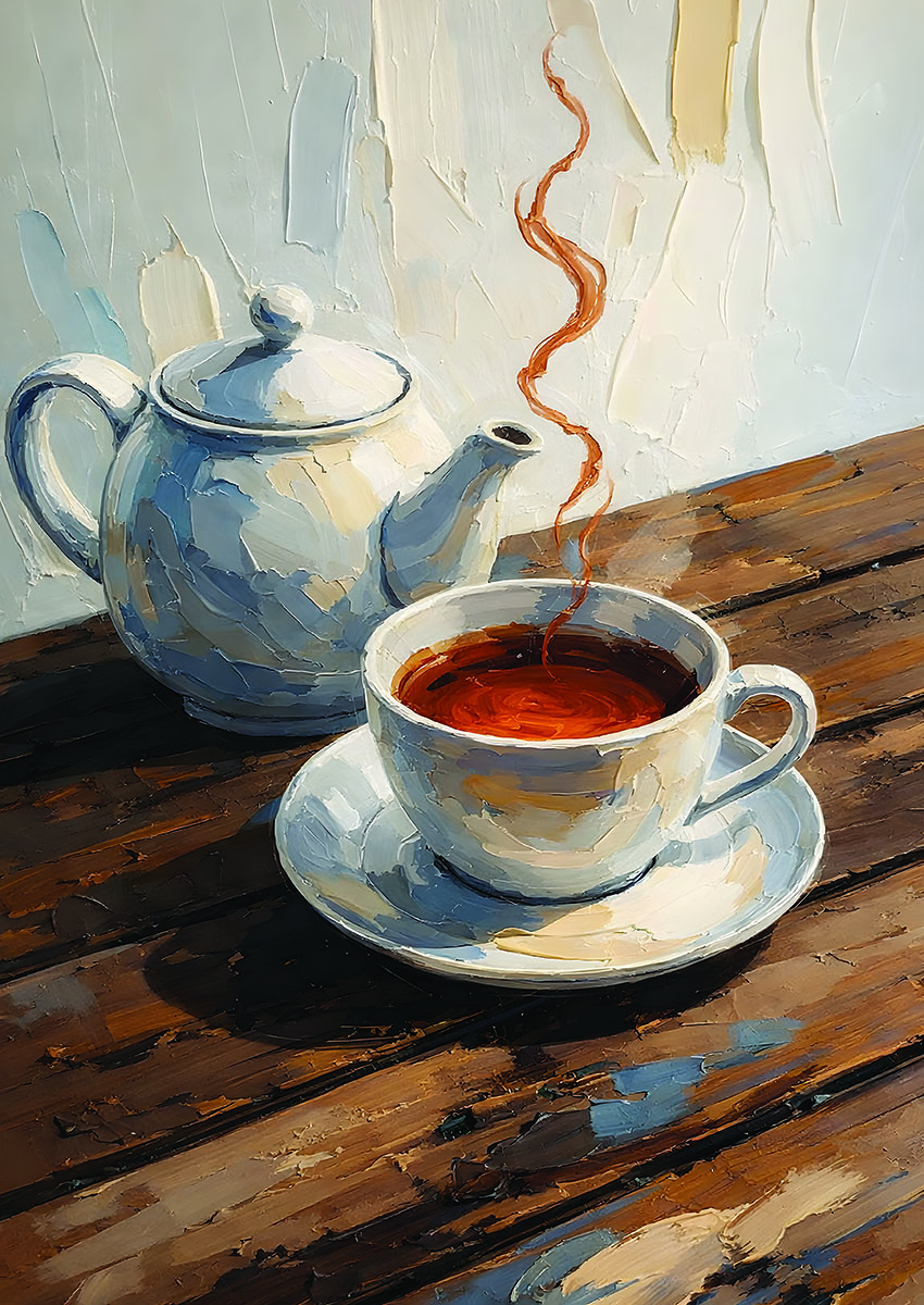 Artwork of a ceramic teapot and cup with steam rising over a wooden table
