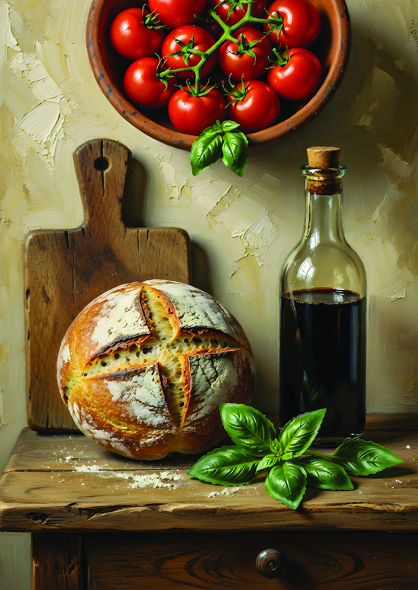 Artistic still life of vibrant tomatoes, rustic bread, and a bottle of olive oil on a wooden table.