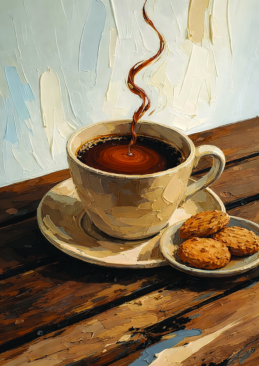 Artistic representation of a bright coffee cup with steam and cookies on a plate