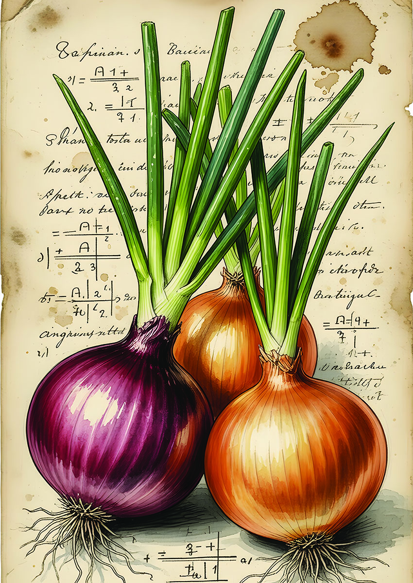 Artistic depiction of vibrant onions with green tops against a vintage background with script.