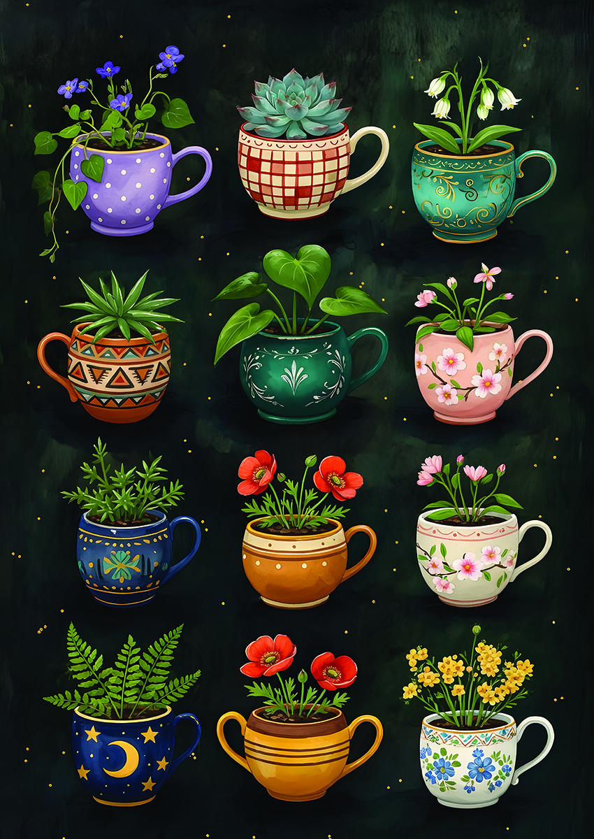 Artwork featuring colourful potted plants in decorative cups against a dark background.