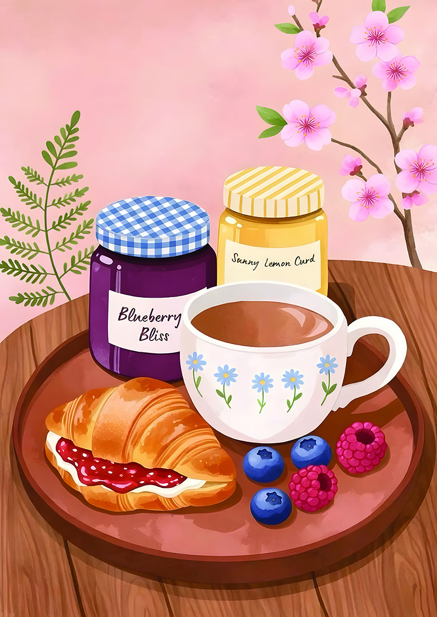 Artistic bright still life food arrangement featuring a croissant, berries, and jam jars on a wooden table.