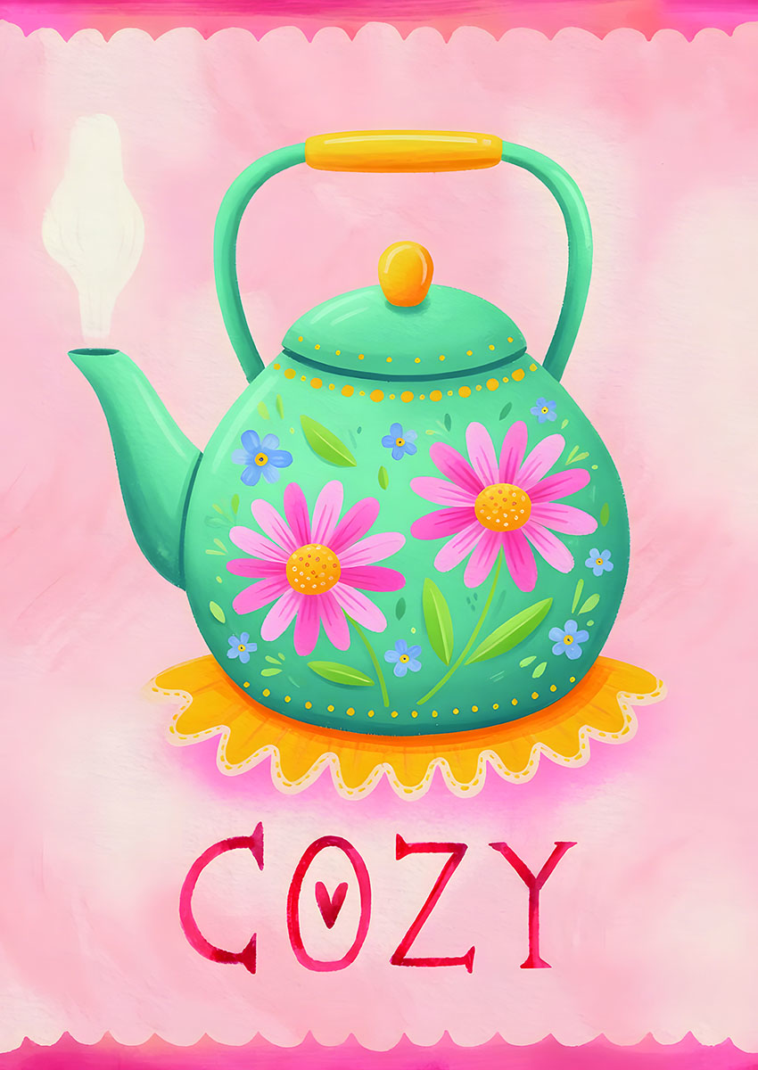 Vibrant artwork of a bright green decorative teapot adorned with flowers on a pink background.