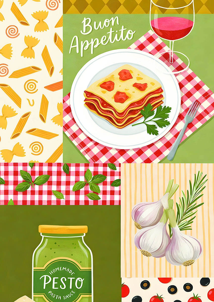 Colourful Italian cuisine artwork featuring lasagna, pasta, and fresh ingredients on patterned backgrounds.