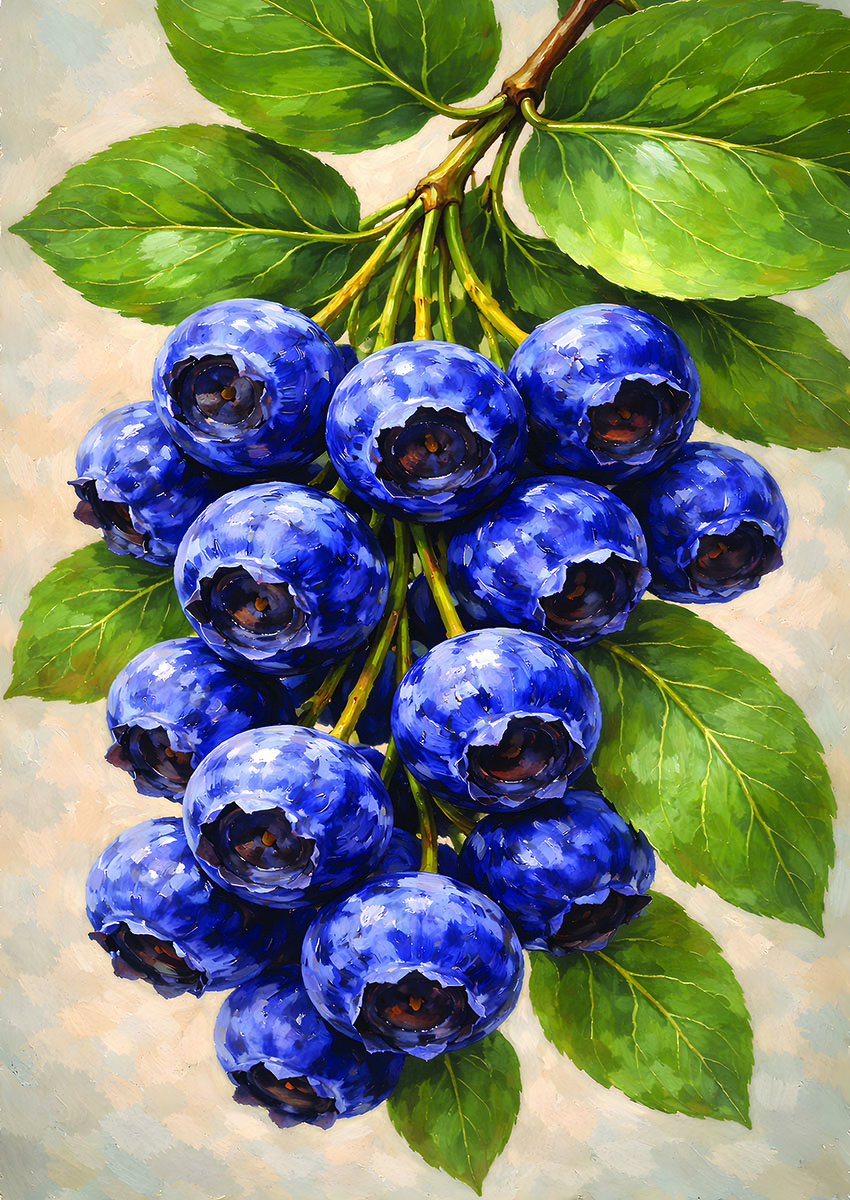 Bright artwork of a vibrant cluster of blueberries with green leaves against a soft background.