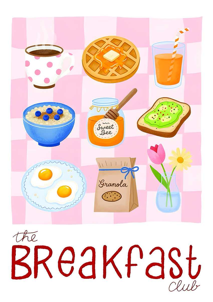 Vibrant artwork featuring assorted breakfast foods including waffles, eggs, and fruit on a pink checkered background.