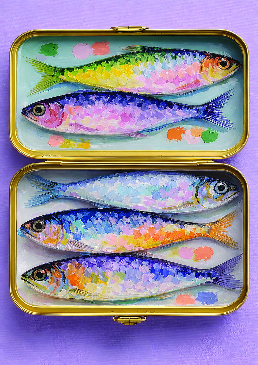 Vibrant colourful fish artwork featuring various fish painted in bright hues on a smooth surface.