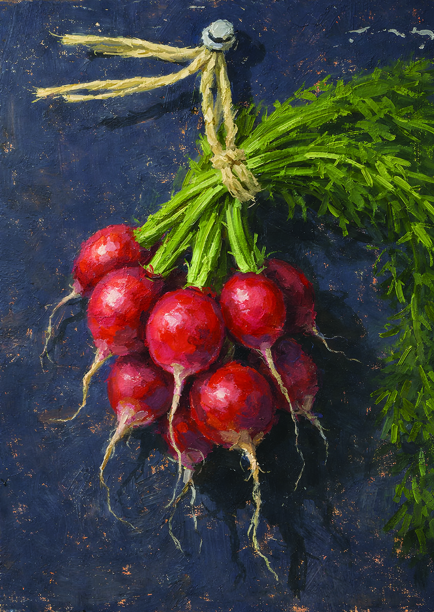 Vibrant artwork of a bunch of fresh radishes against a dark background.