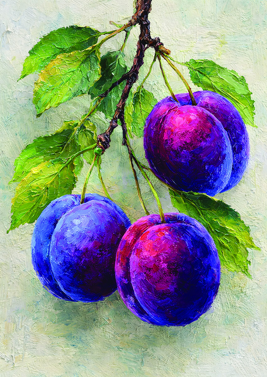 Artistic representation of vibrant purple and pink plums on a textured background.