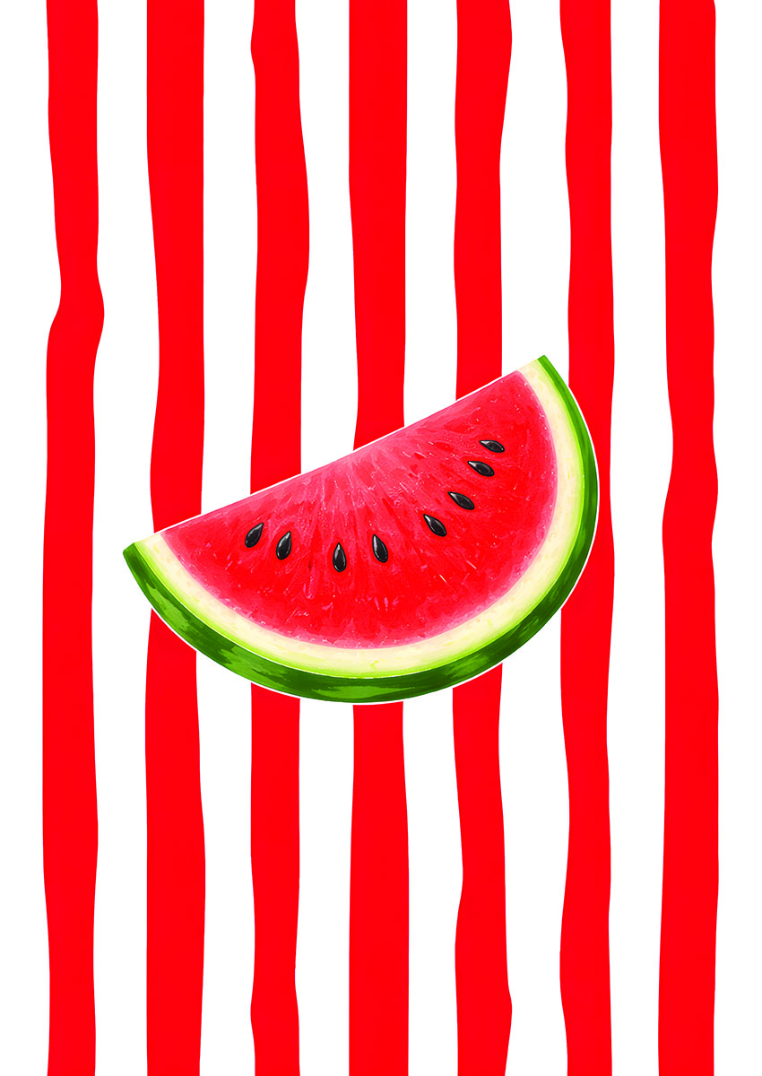 Vibrant artwork of a watermelon slice against a striped red and white background.