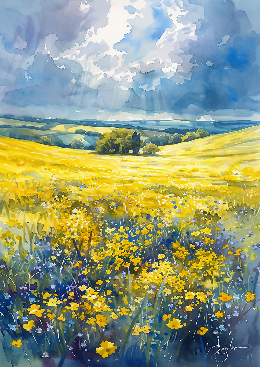 Vibrant yellow flowering landscape artwork with a sunny field and cloudy sky