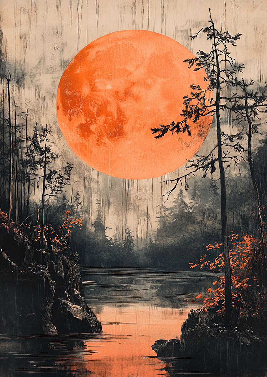Vibrant Orange Moonlit Landscape Canvas Print & Poster Wall Art - AI PRINT LAB