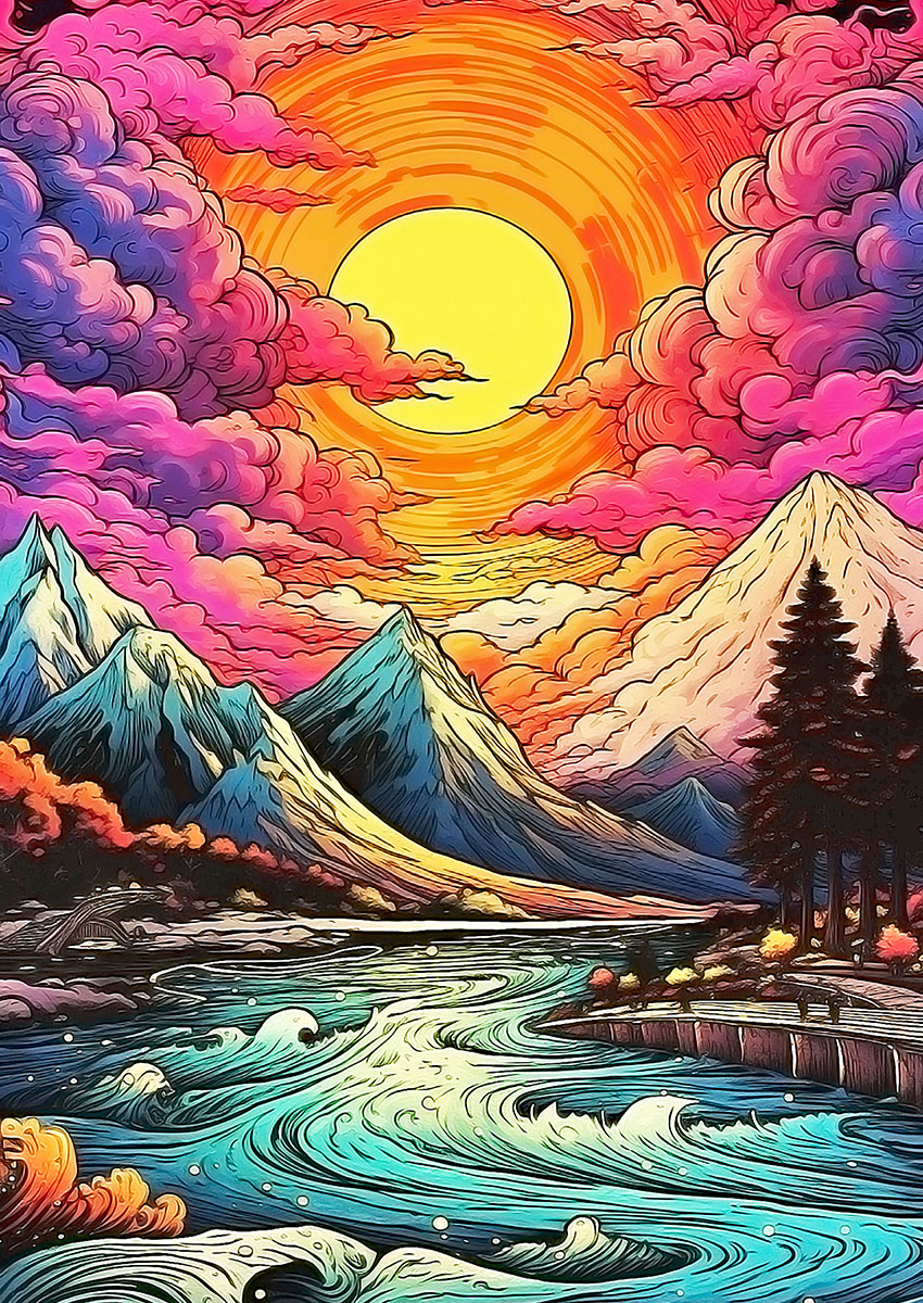 Dramatic colourful mountain landscape with swirling waters and vibrant skies