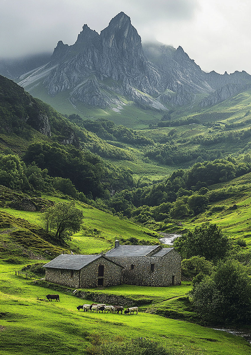 Dramatic artwork of a mountain landscape with a scenic stone house and grazing cattle in a lush green meadow.