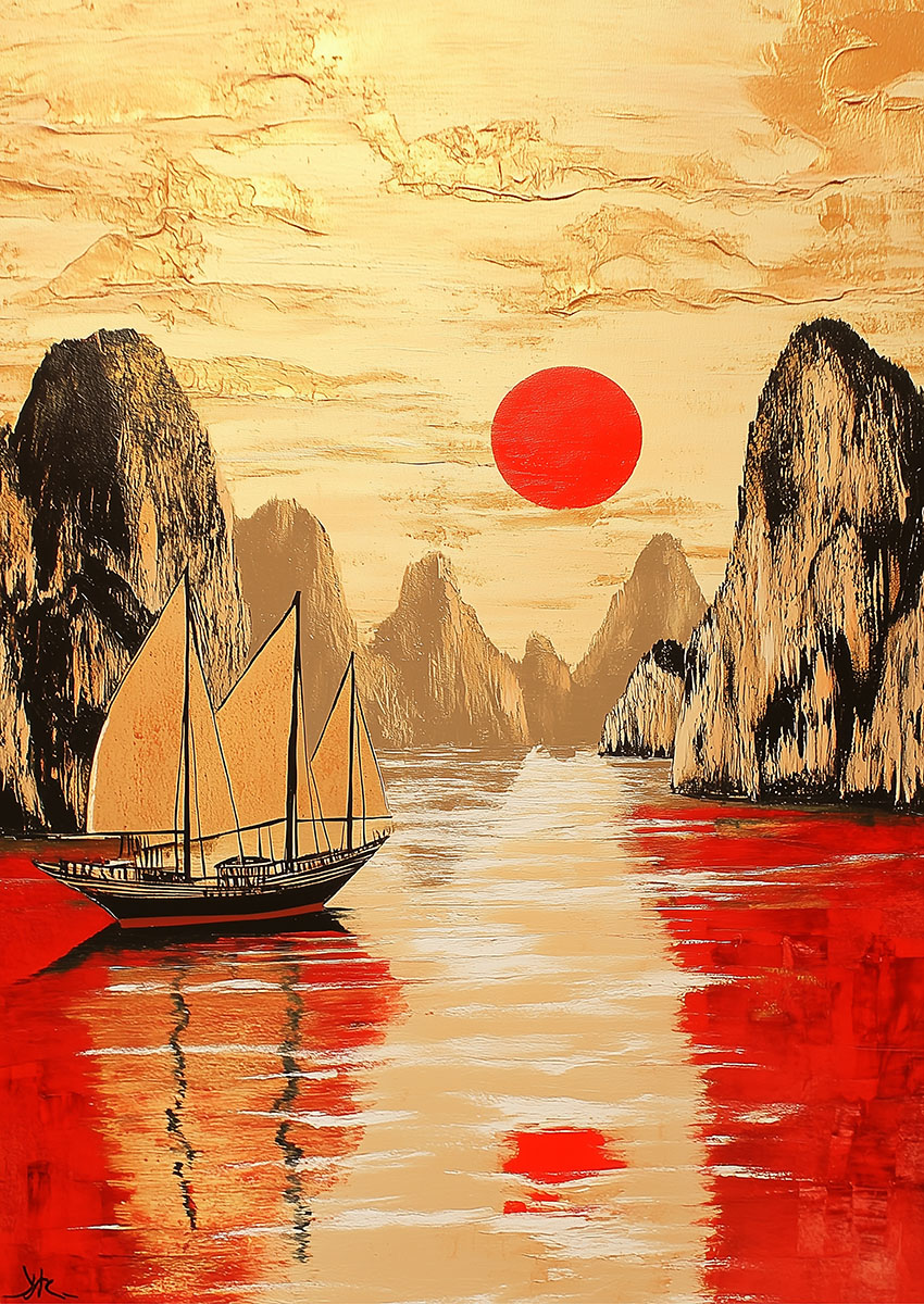 Dramatic artwork of a sailing ship against a vivid sunset with red sun and mountain backdrop.