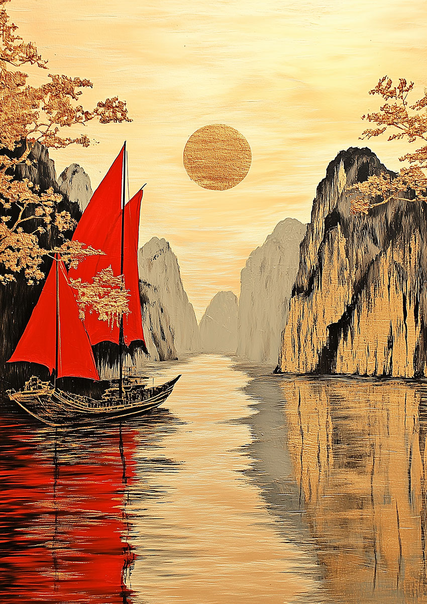 Artwork featuring a traditional junk boat with red sails on calm waters under a golden sun.