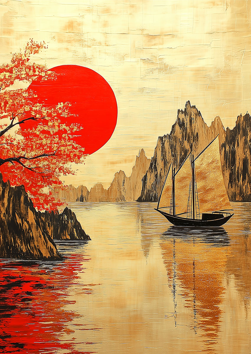 Serene oriental landscape artwork featuring a red sun and boat on calm waters.