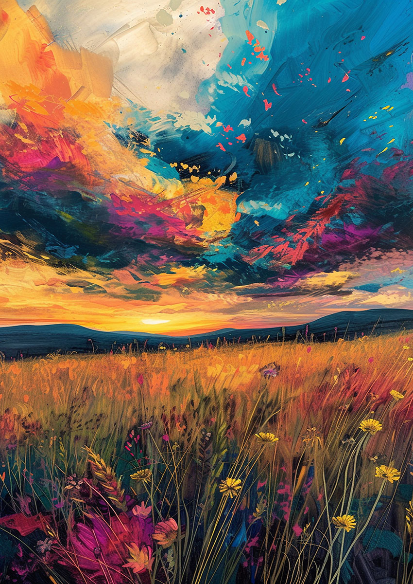 Vibrant abstract landscape artwork depicting a colourful sunset over a field of wildflowers.