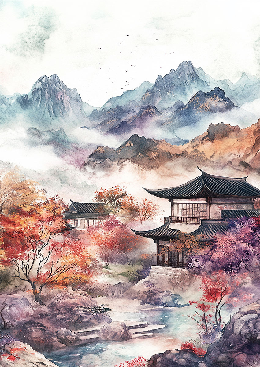 Serene traditional East Asian landscape artwork featuring misty mountains and autumn trees.