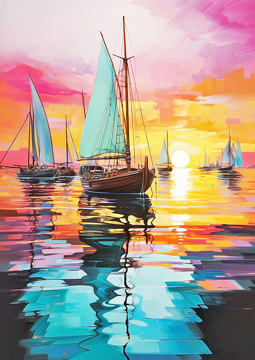 Dramatic artwork of vibrant sailboats silhouetted against a sunset sky