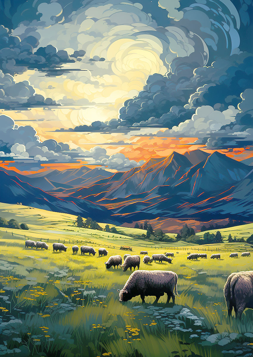 Pastoral landscape artwork featuring grazing sheep under a dramatic sky.