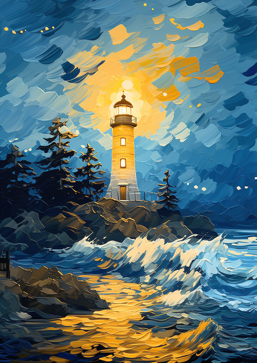 Dramatic artwork of a lighthouse at dusk with waves crashing against the rocks and a starry sky