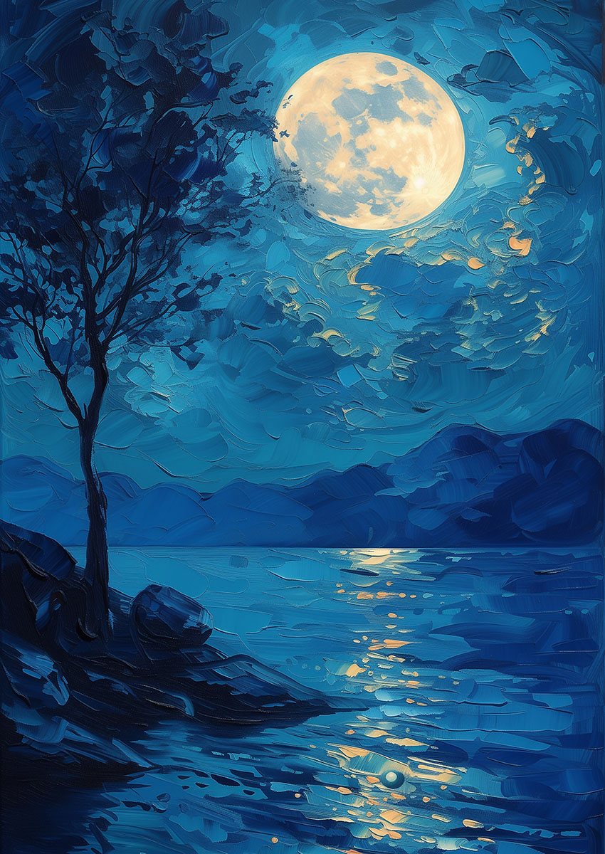 Dramatic artwork of a moonlit landscape with a large moon reflecting on calm waters.