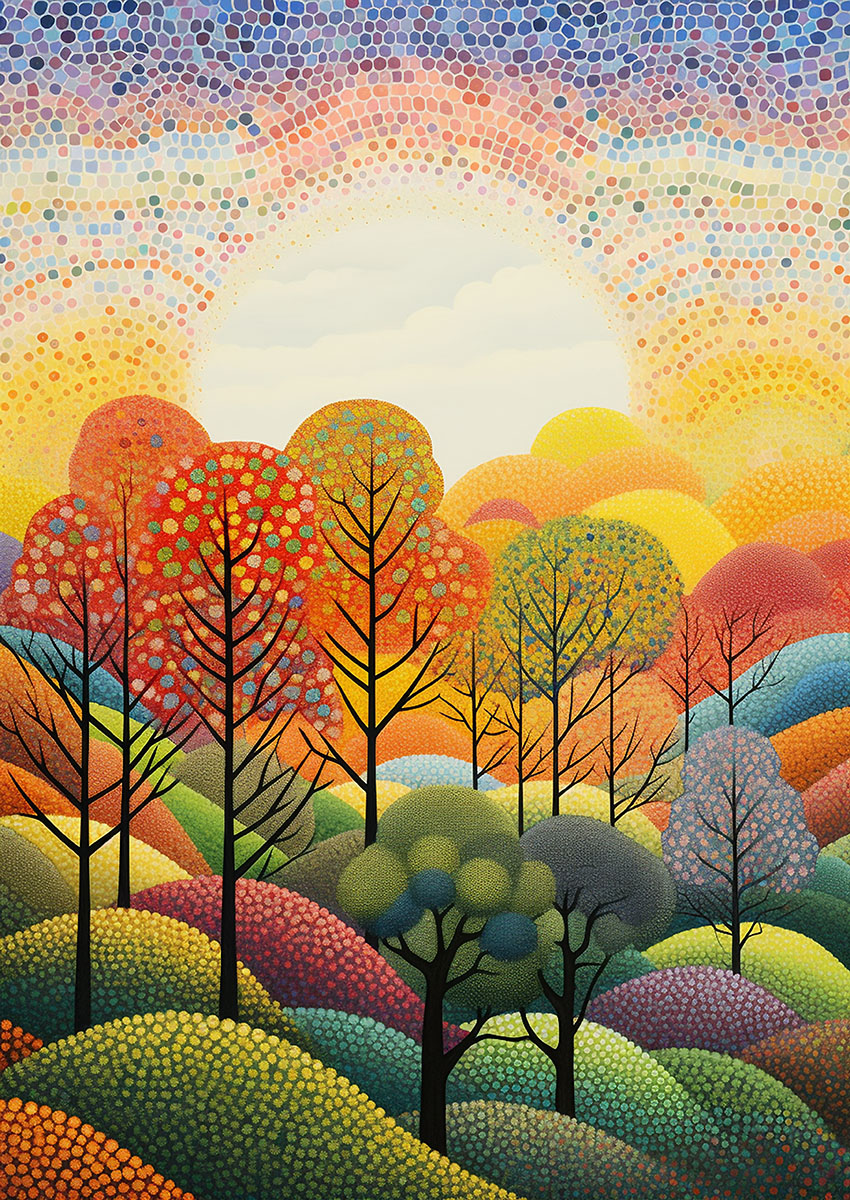 Vibrant artwork depicting an autumn landscape with colourful trees and rolling hills.