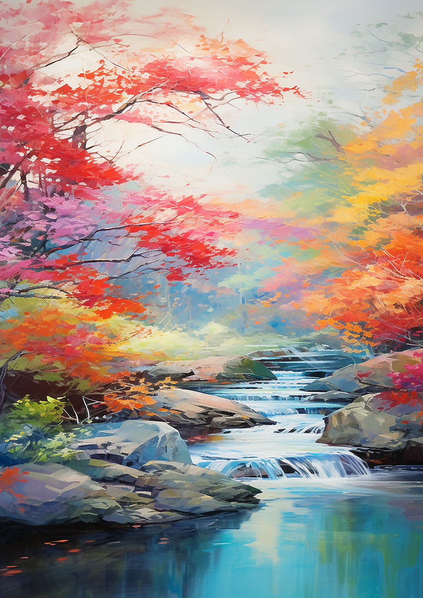 Vibrant artwork of a serene autumn landscape with a flowing stream and colourful trees.