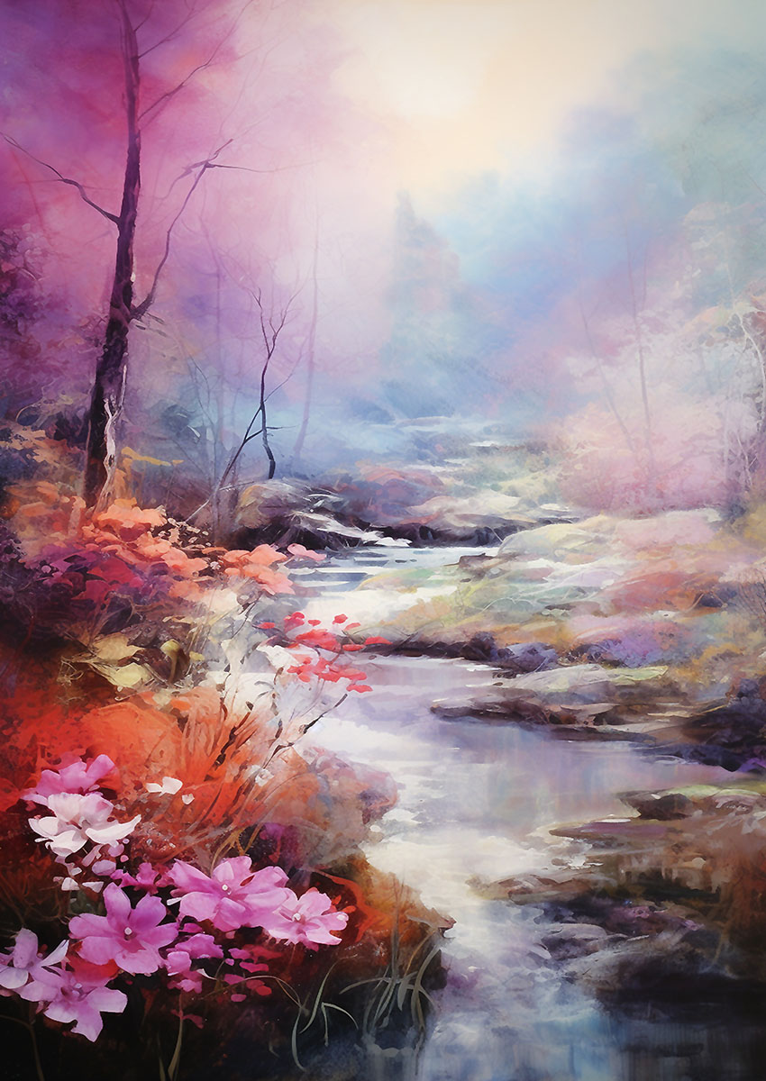 Serene abstract flowering landscape artwork featuring soft pastel colours and flowing water.