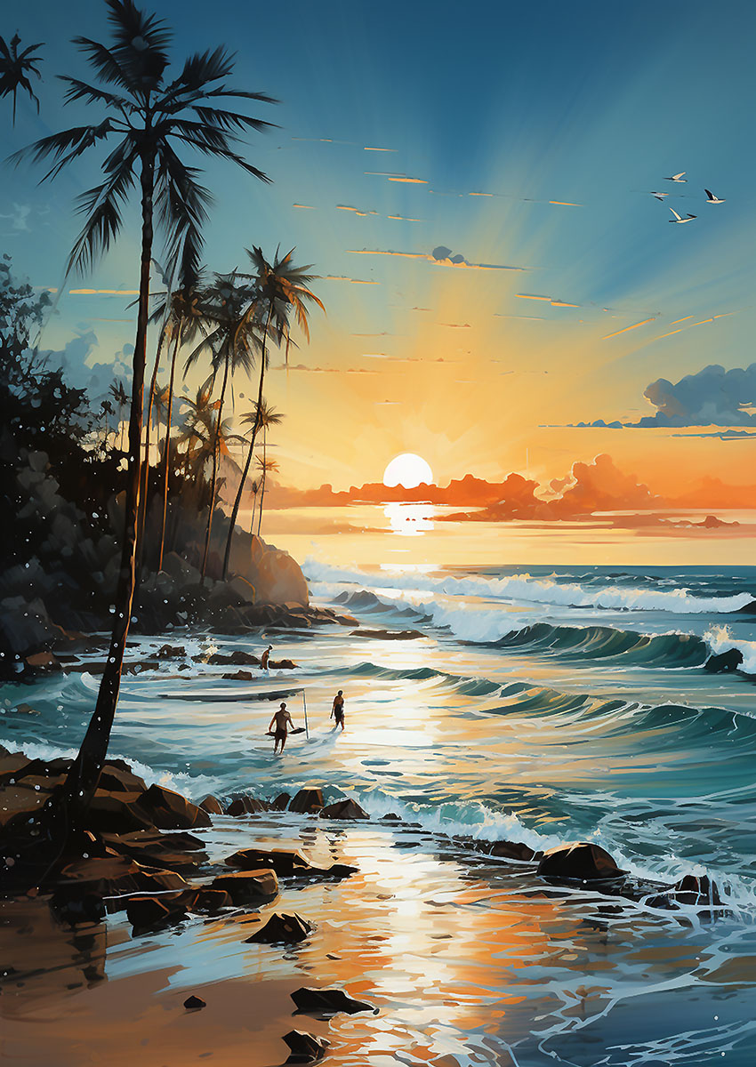 Calming artwork of a serene coastal sunset scene with people wading in the waves.
