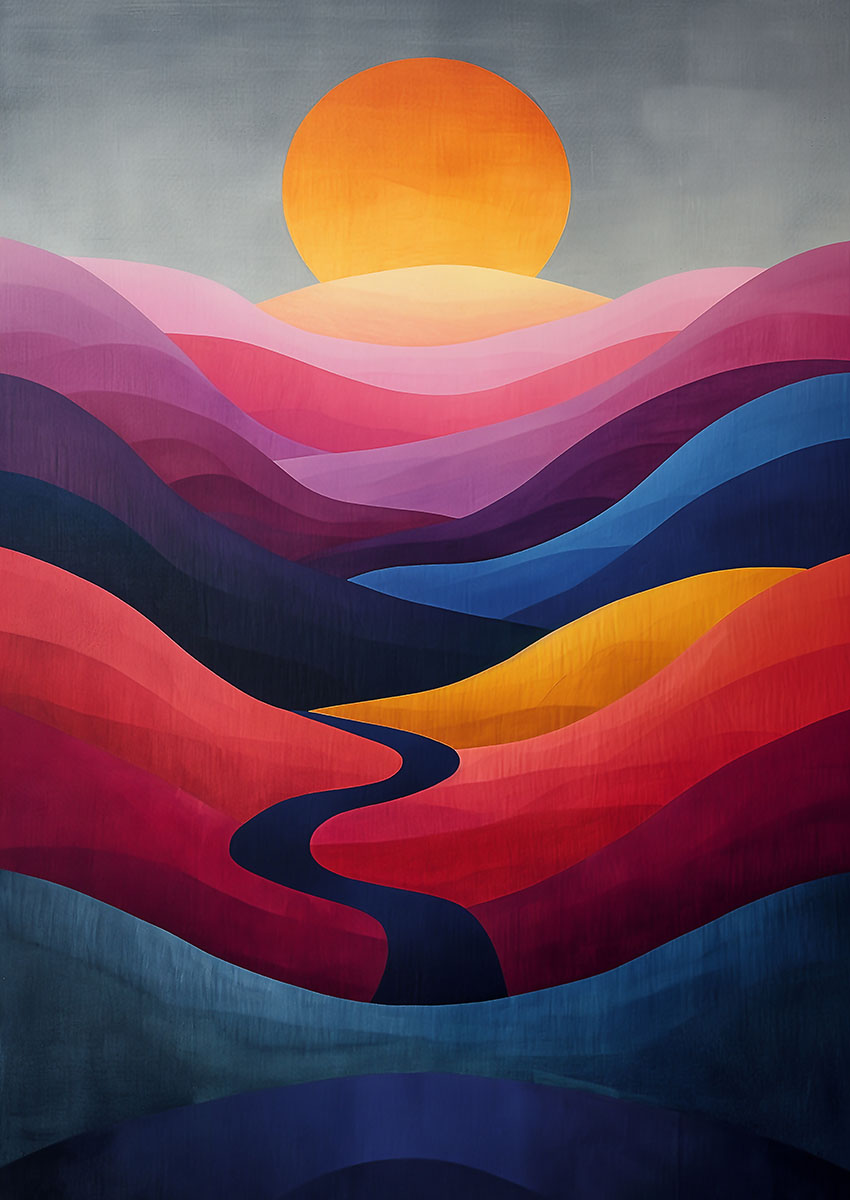 Abstract landscape artwork featuring vibrant colours and a bold sun