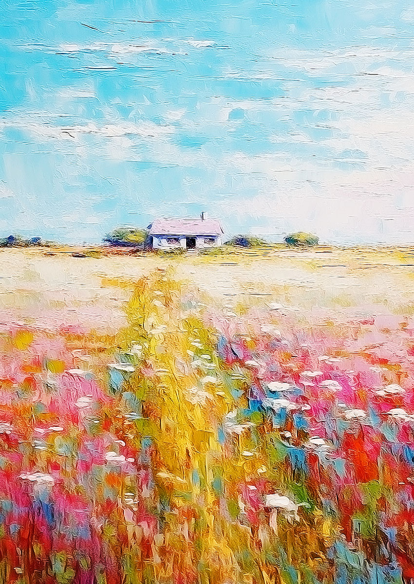 Dramatic artwork of a vibrant flower field landscape with a pathway leading to a cottage under a blue sky.