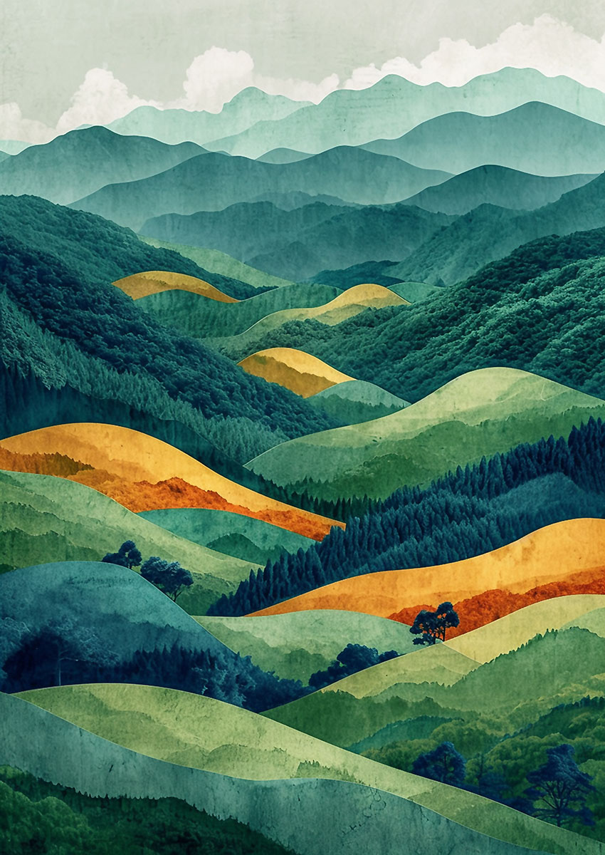 Artistic representation of a vibrant green and orange landscape with rolling hills and trees.