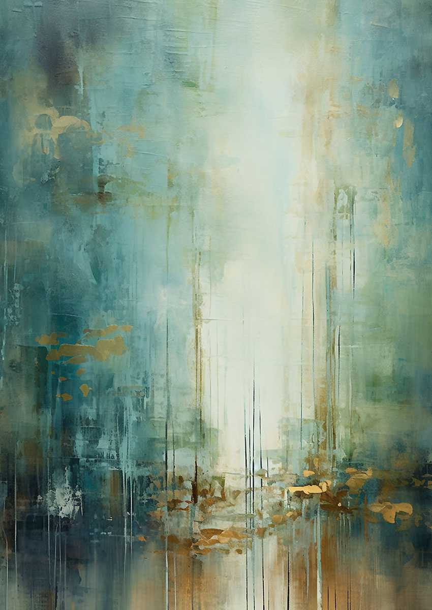 Elegant abstract artwork featuring teal and gold hues in a fluid design.