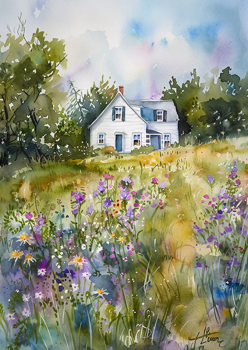 Charming artwork of a white cottage surrounded by blooming wildflowers in a serene countryside setting.