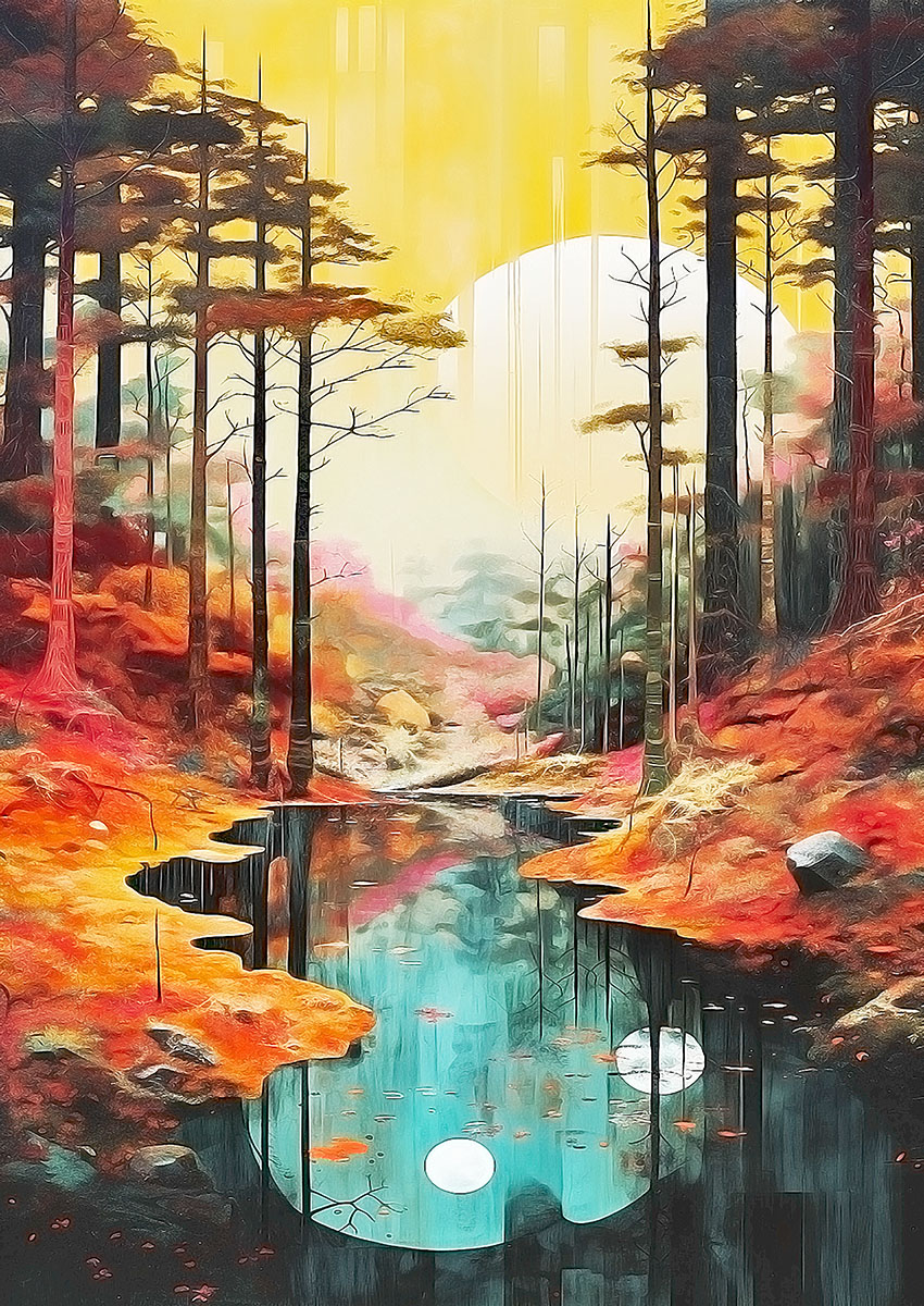Vivid artwork of a vibrant forest landscape with autumn colours reflected in a calm stream