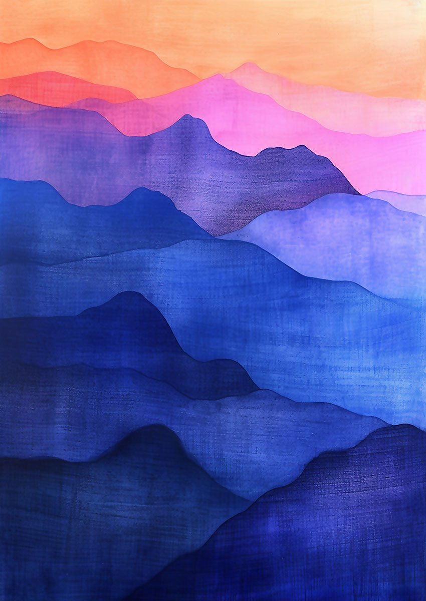 Abstract artwork of layered mountains in shades of coral, pink, and blue.