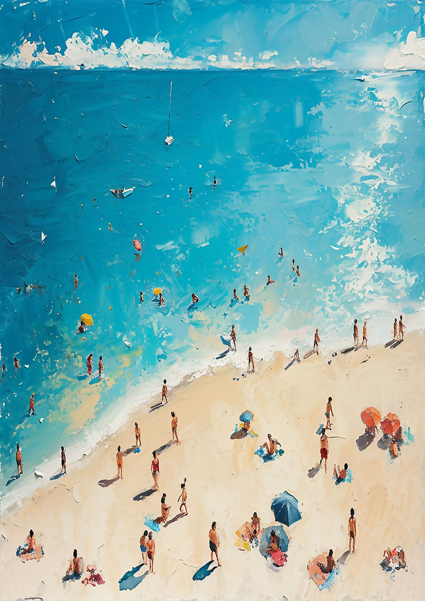 Vibrant artwork of a beach scene with sunbathers and umbrellas on golden sand and turquoise water.