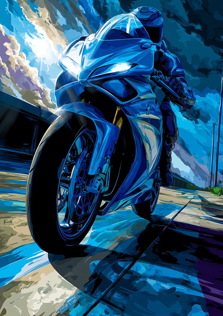 Dynamic digital artwork of a blue sportbike motorcycle speeding on a wet track under a dramatic sky