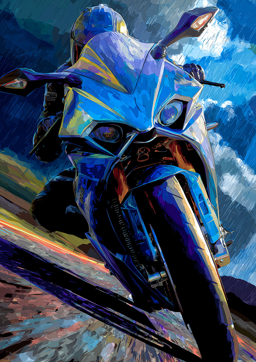 Dramatic artwork of a bright blue motorbike riding through a colorful landscape with a dynamic sky.