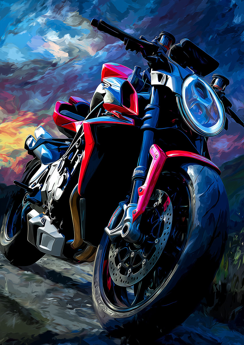 Dramatic artwork of a red sports motorcycle against a stormy sky with vibrant colours.