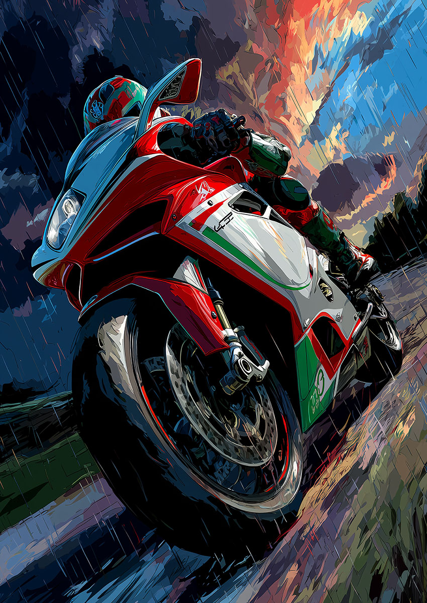Vibrant artwork of a red sport motorcycle racing in the rain with dramatic sky.