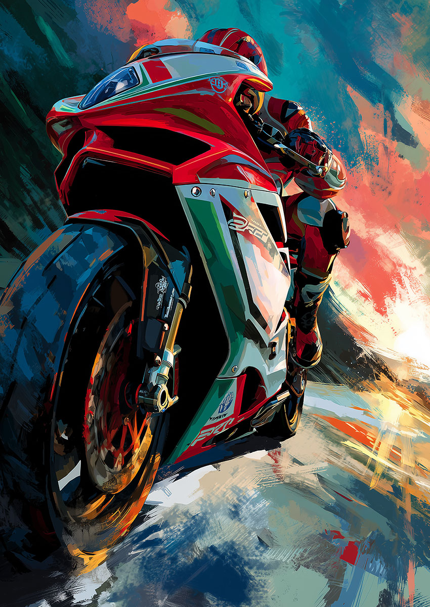 Dramatic artwork of a red sports motorbike leaning into a curve on a vibrant background.