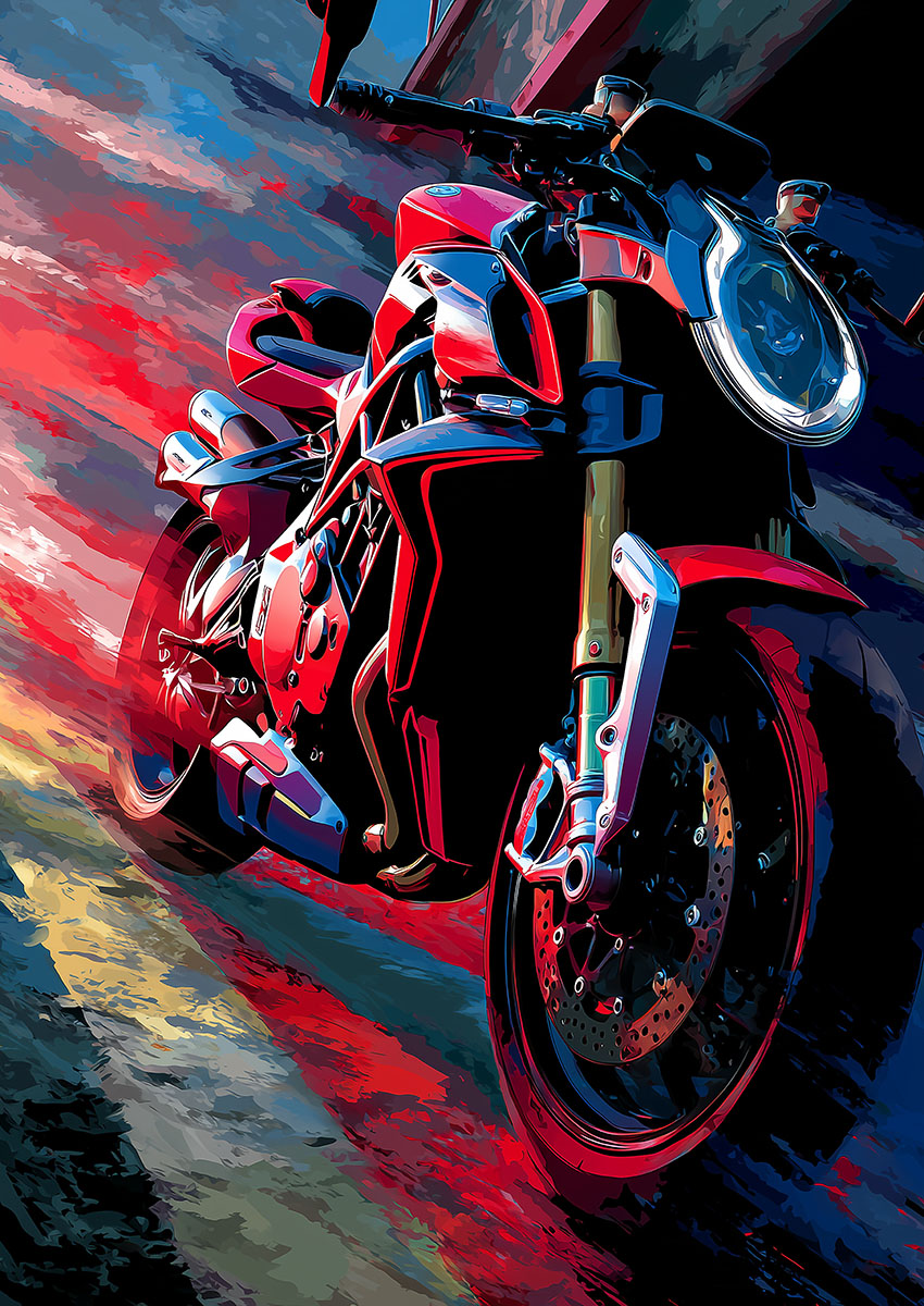 Dramatic artwork of a bright red modern motorbike with dynamic background colours.