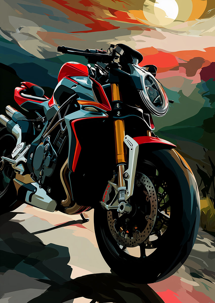 Dramatic artwork of a vibrant red motorbike against a colourful sunset background.