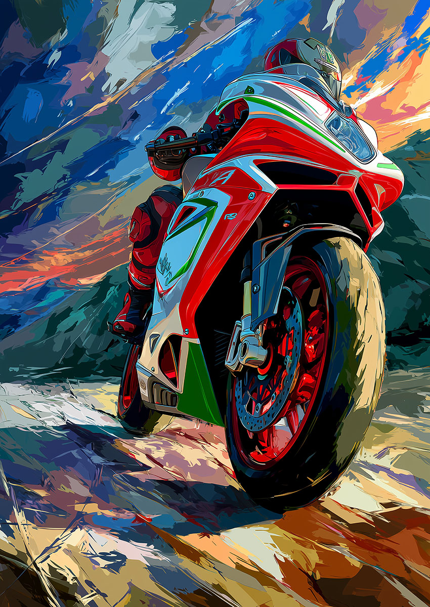Dynamic artwork featuring a vibrant red and green motorbike on a dramatic background.