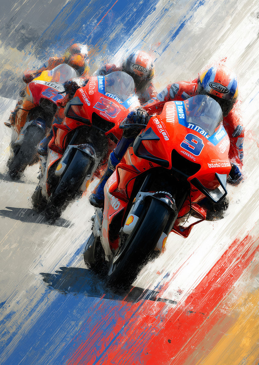 Dramatic artwork of motorbike racing with three bikes in vivid motion on a colourful background.